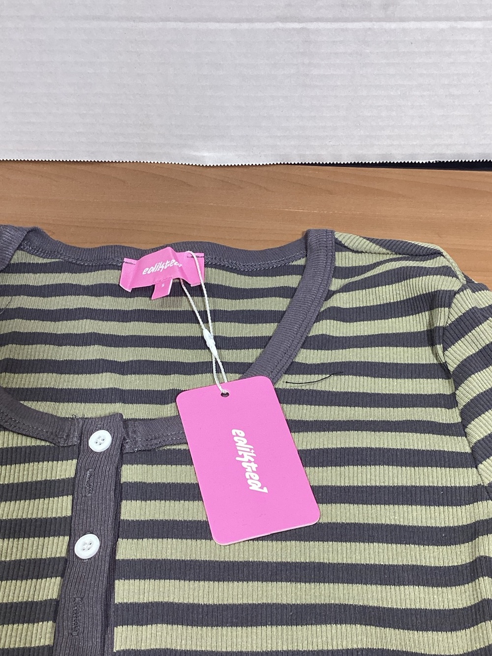 Edikted Olive Green and Charcoal Striped Ribbed Henley